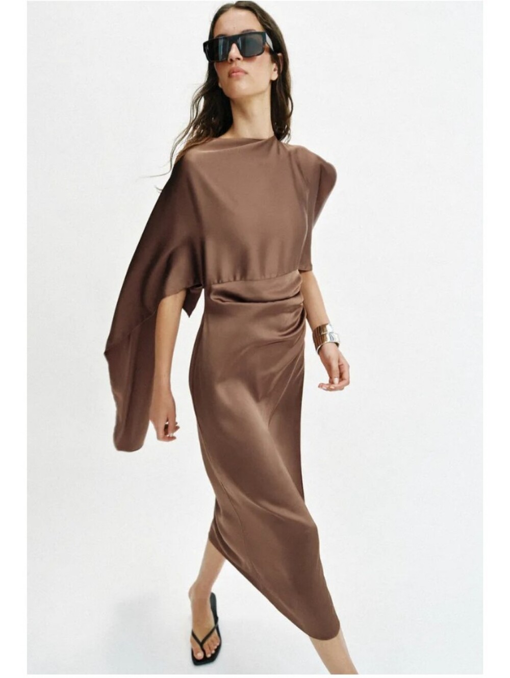 Zara Satin Effect Cape Brown Midi Dress - Picture 2 of 10